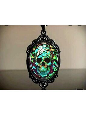 Gothic Skull Pendant Necklace With Colorful Leaf Pattern & Black Chain